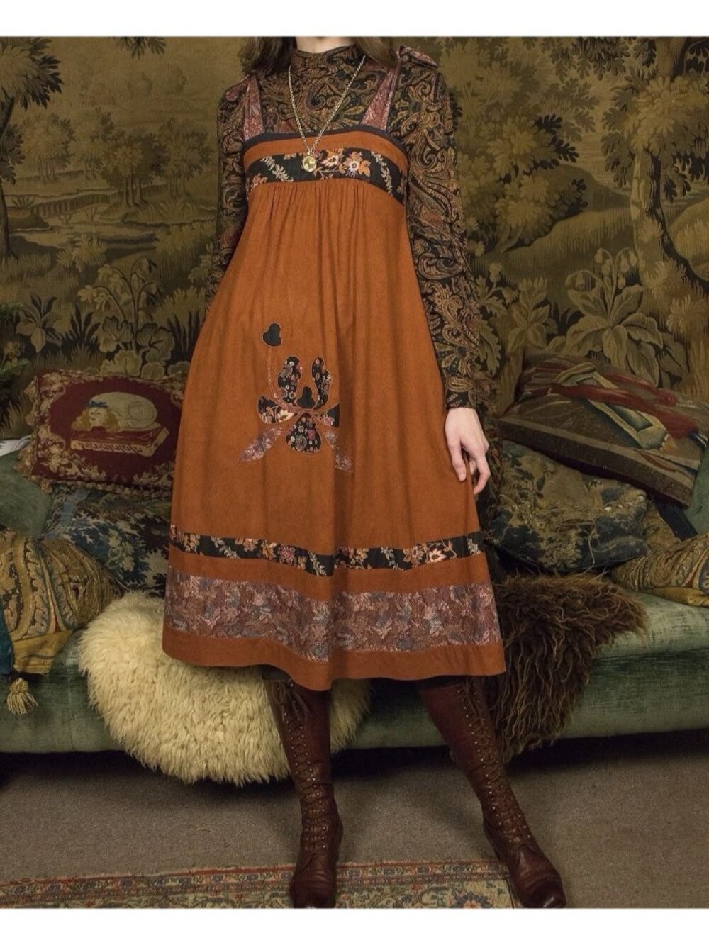 Vtg 60s 70s Young Edwardian Black Floral Sun Dress Boho Hippie Patchwork Sz S